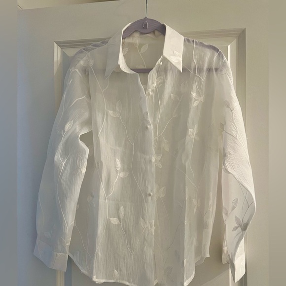 Elegant Sheer White Blouse with Leaf Embroidery - Picture 5 of 10